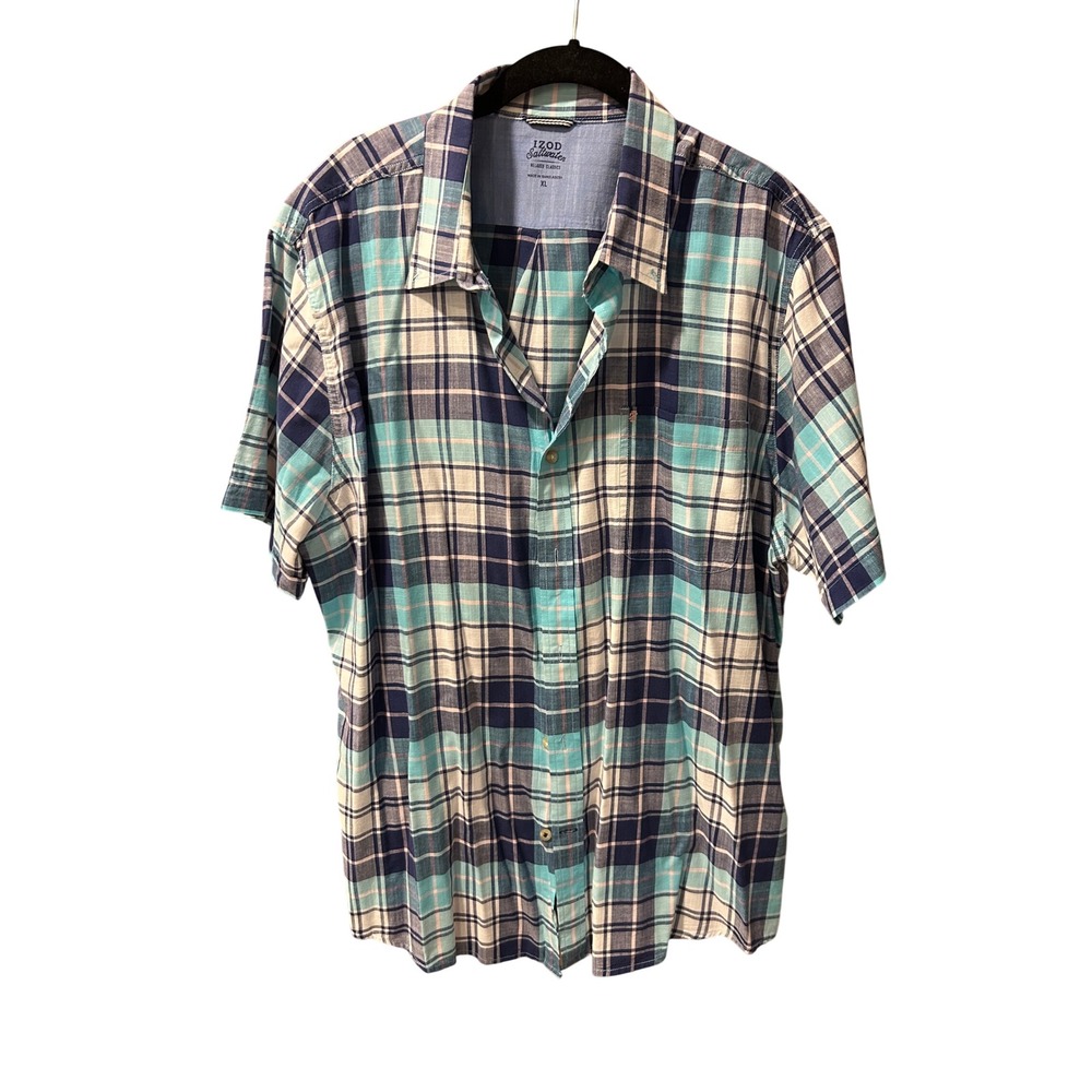 IZOD Saltwater Relaxed Classics Plaid Shirt Mens XL Teal Blue Short Sleeve Top